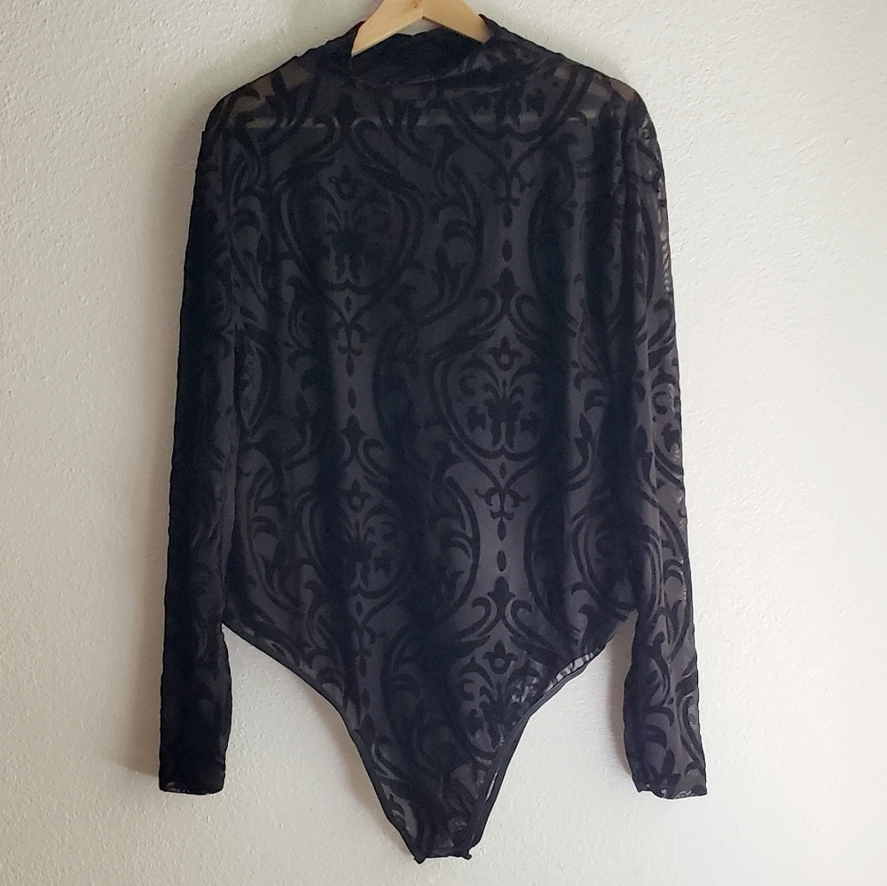 Black Sheer And Velvet Bodysuit Red Dot Boutique Womens 2X XXL Long Sleeve